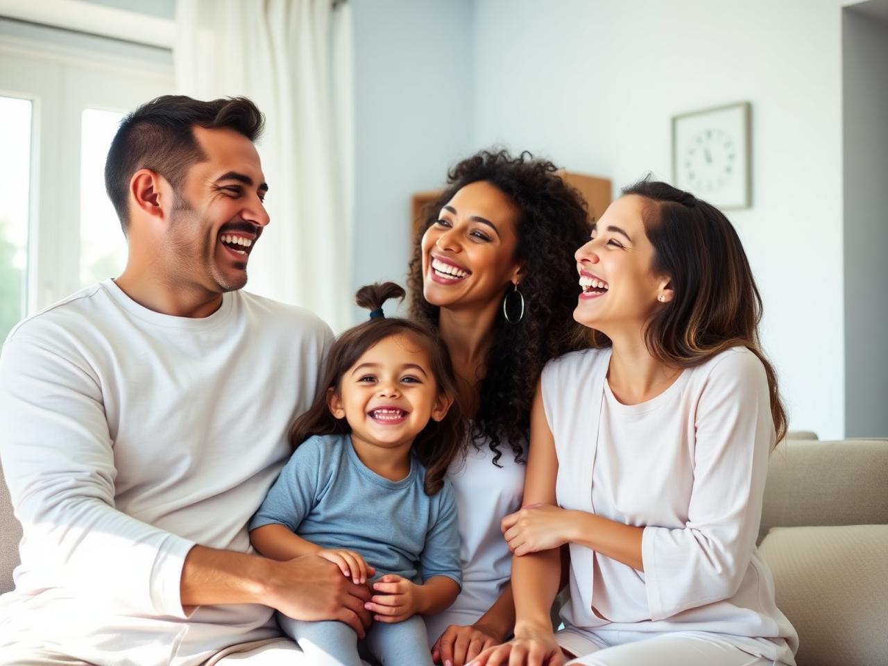 Família sorrindo reunida no sofá, representando o cuidado com planos de saúde
